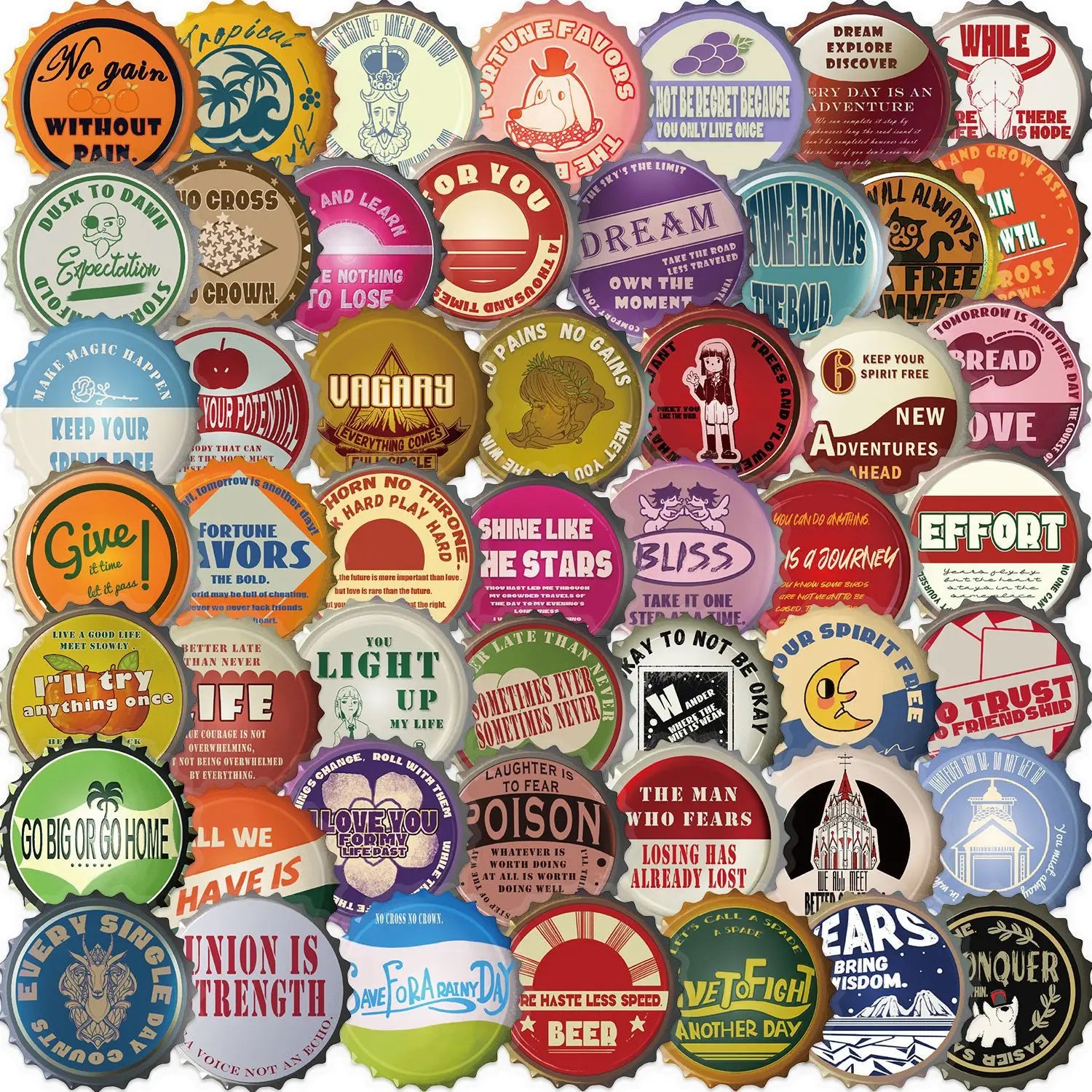 ‌50/100Pcs Retro Bottle Cap Stickers Unique Non-repeating Waterproof Decals for Fridge, Notebook, Guitar, Helmet, Car, Bicycle