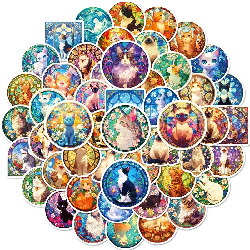 10/30/50PCS Kawaii Glass Cat Sticky PVC Sticker Aesthetic Stationery DIY Decoration Scrapbooking School Supplies for Kids