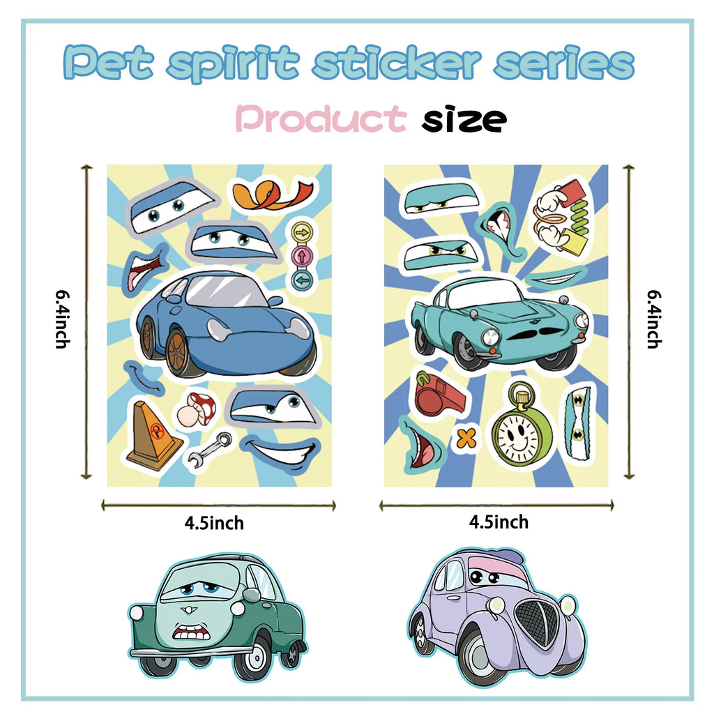 8 Pcs Cartoon Racing Cars, Engineering Cars Make a Face Stickers, DIY Handmade Account, Notebook Decoration Stickers