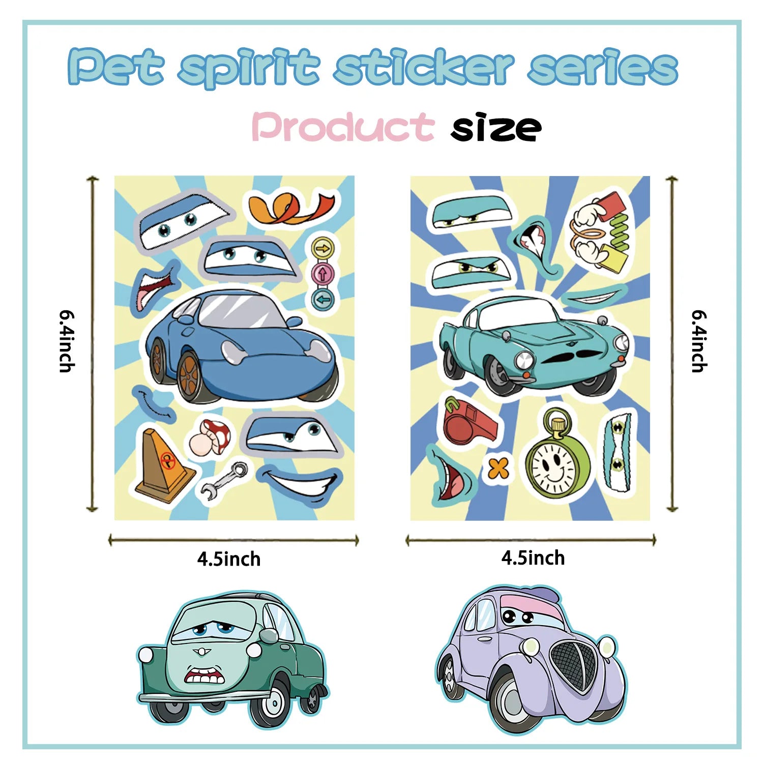8 Pcs Cartoon Racing Cars, Engineering Cars Make a Face Stickers, DIY Handmade Account, Notebook Decoration Stickers