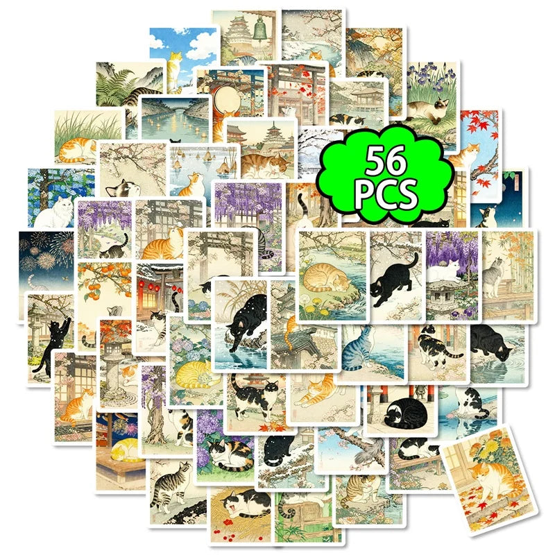 10/30/56PCS Kawaii Japanese Cat Colored PVC Sticky Stickers Aesthetic DIY Phone Laptop Luggage Skateboard Graffiti Decals