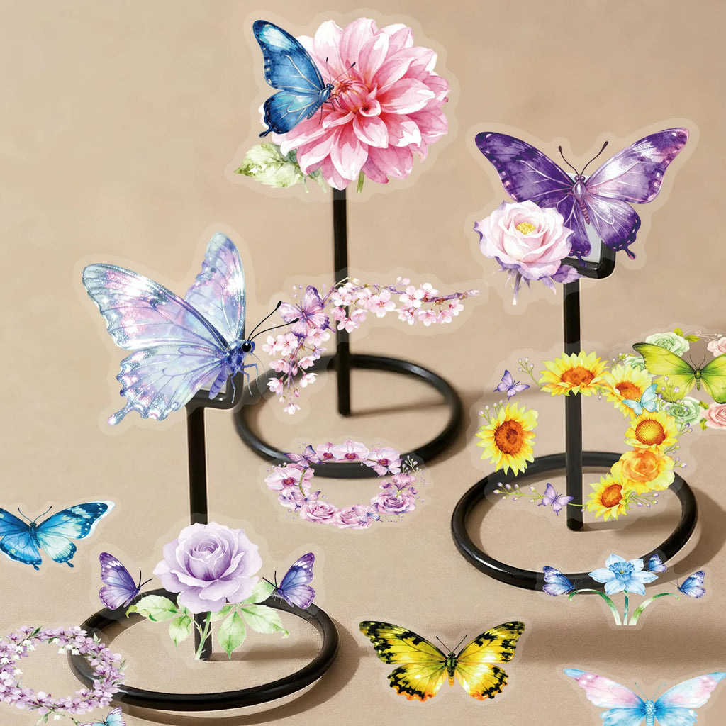 56/112Pcs Butterfly Flower Clear PET Stickers Elegant Dreamy Scrapbook DIY Material for File Holder Stationery Box Fridge Window