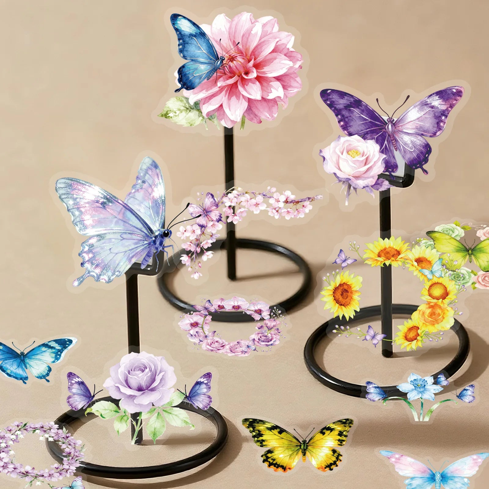 56/112Pcs Butterfly Flower Clear PET Stickers Elegant Dreamy Scrapbook DIY Material for File Holder Stationery Box Fridge Window
