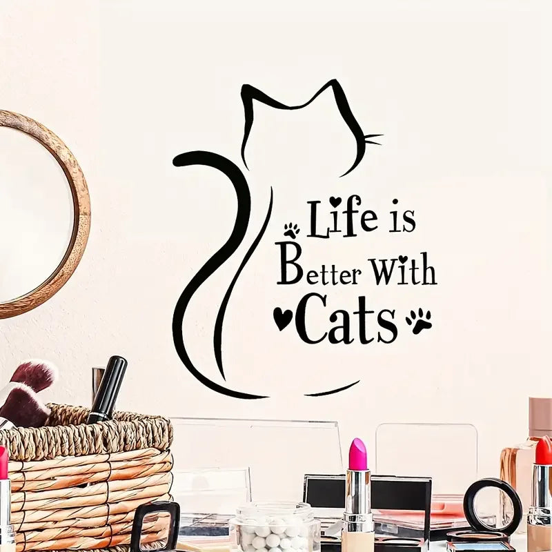Self-Adhesive Cat Silhouette Wall Decal with "Life is Better with Cats" Quote - Modern Minimalist Animal Print Home Decor Sticke