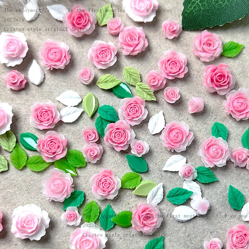 Peach-pink Flower Nail Art Accessories Luminous Camellia Red Leafs Resin Nail Charms Jewelry DIY Mixed Size Nails 3D Decorations