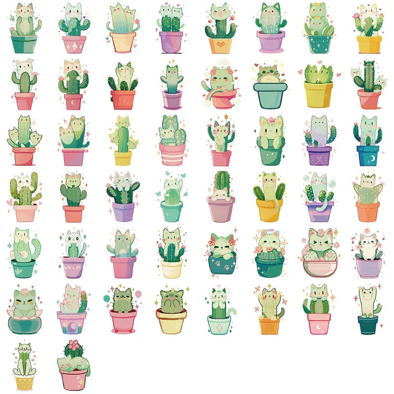 50PCS Kawaii Cactus Cat PET Phone Sticker Aesthetic Tear Open Decoration DIY Colored Laptop Luggage Graffiti Decals