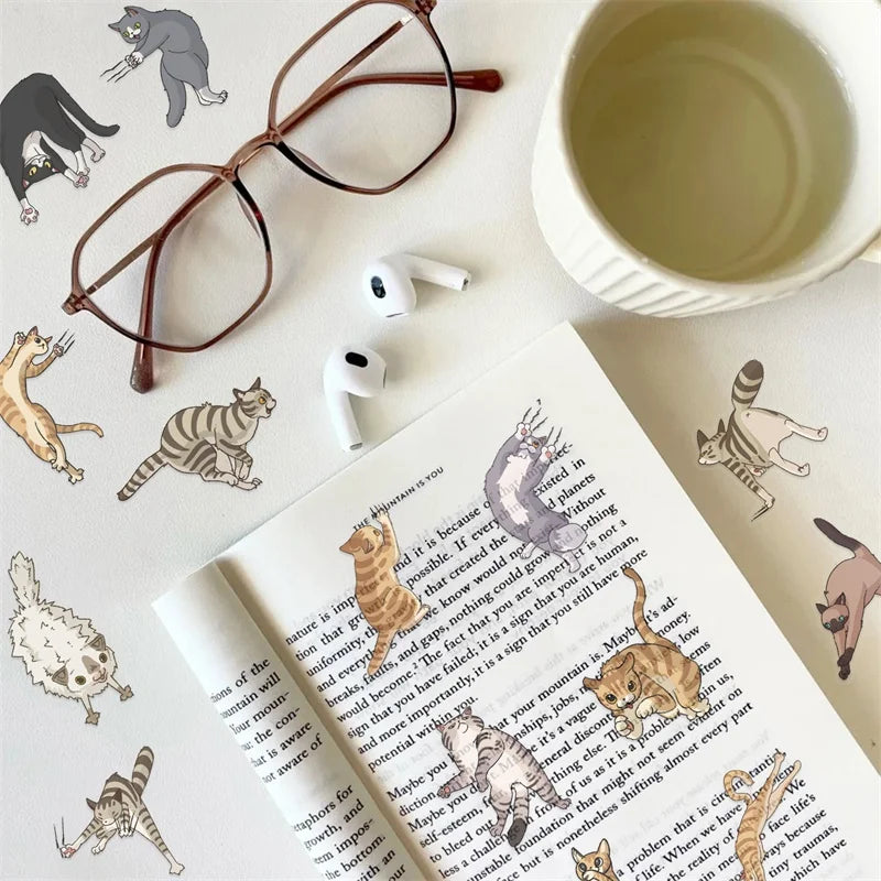50PCS Cartoon Fierce Cat PET Sticky Sticker Aesthetic Tear Open DIY Decoration Scrapbooking Sketchbook Supplies for Kids