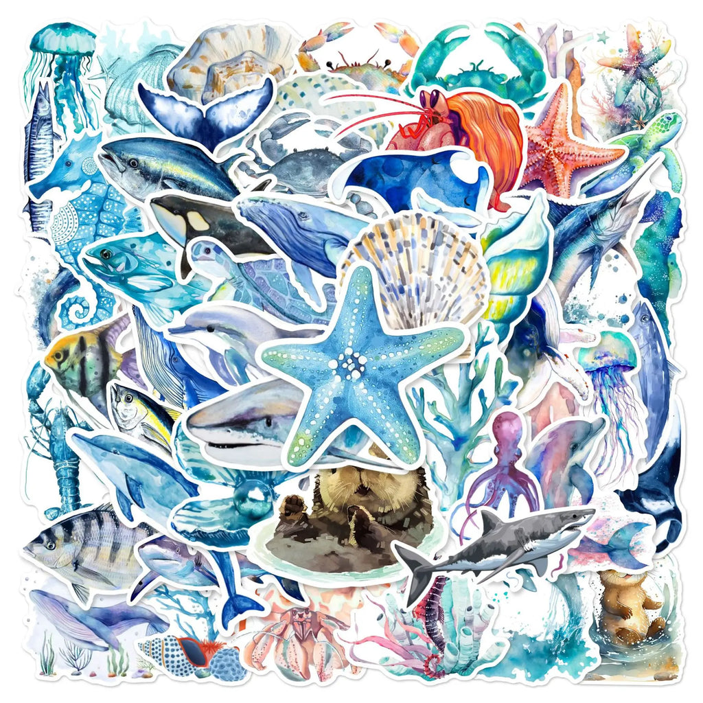 50pcs/pack New Hand Drawn Ocean Series Graffiti Stickers For Luggage Phone Guitar Water Cup Movable Stickers