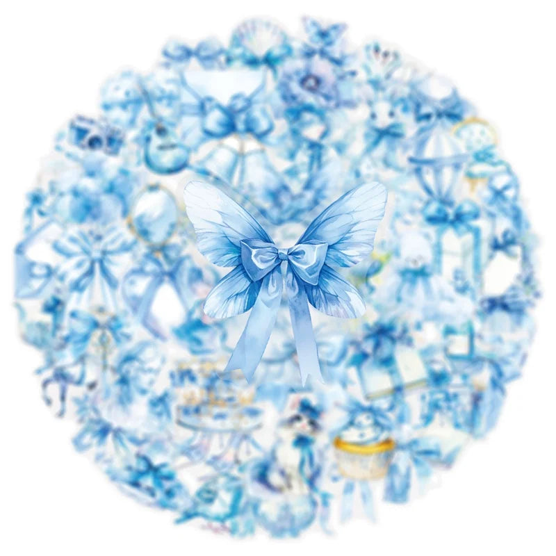 50PCS Kawaii Blue Bow PET Sticky Sticker Aesthetic Tear Open Korean Decoration Scrapbooking Stationery Supplies for Kids