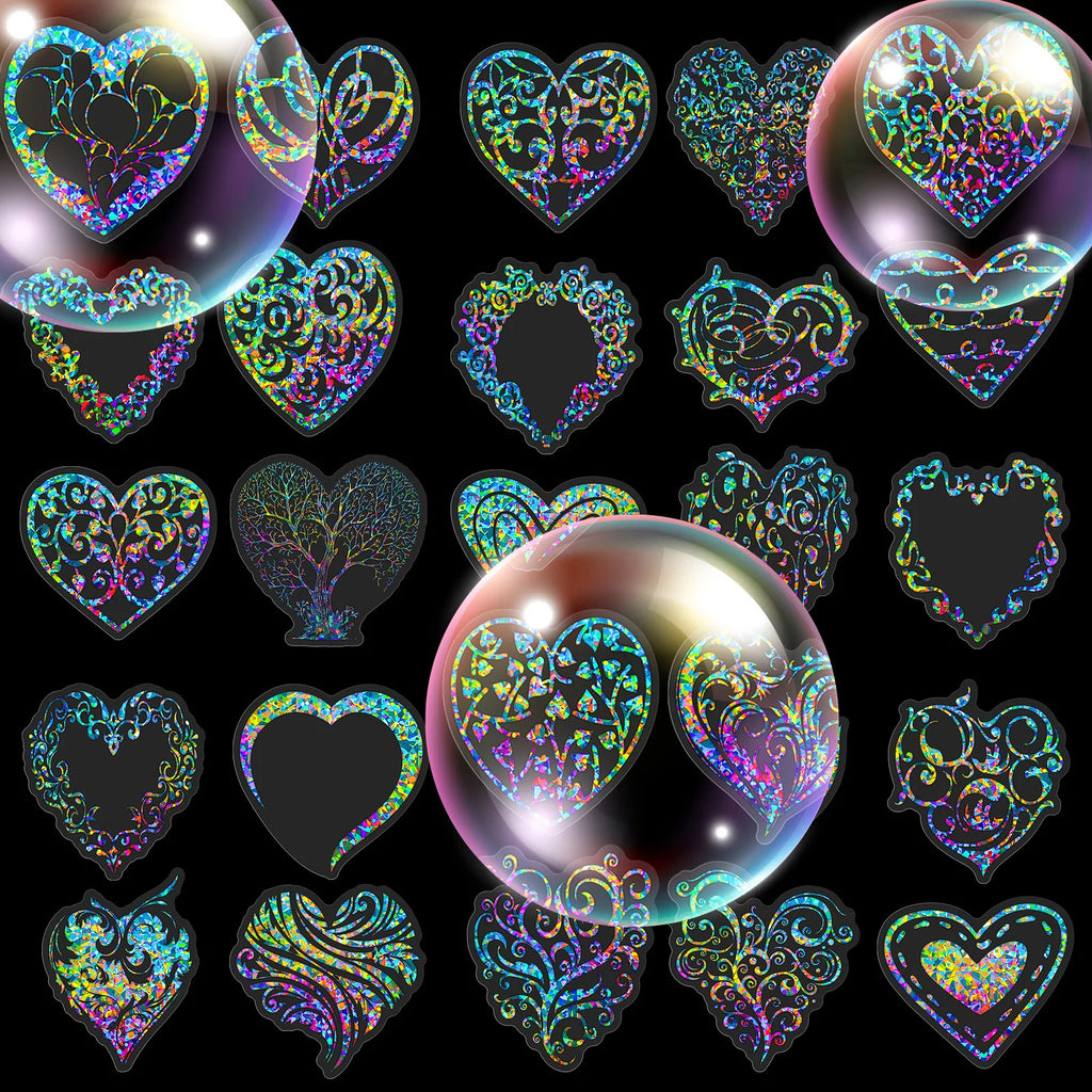 50 Transparent Laser Love Heart PET Stickers Laser Colorful Flowing Hemp Stickers Handbook Material Decoration Stickers