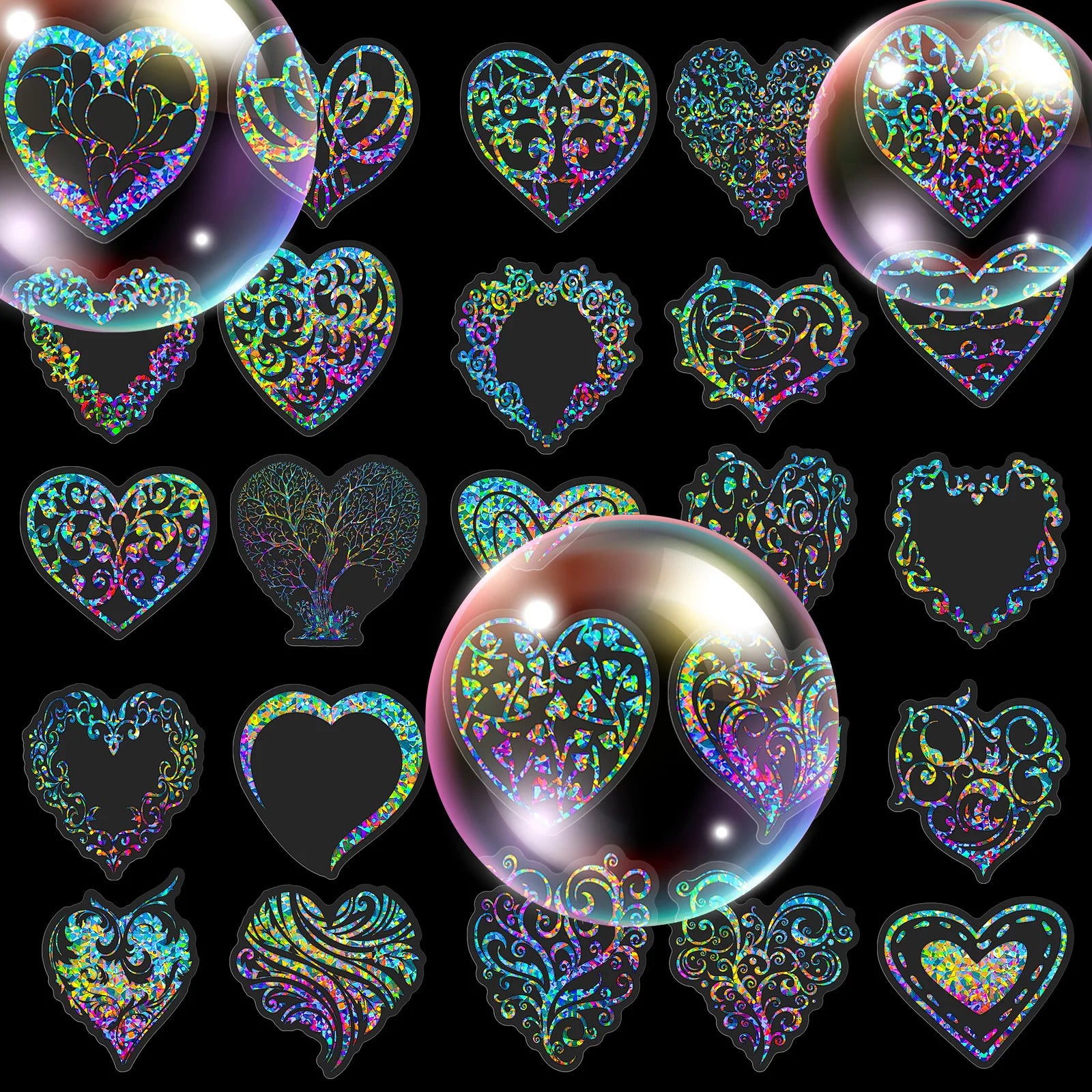 50 Transparent Laser Love Heart PET Stickers Laser Colorful Flowing Hemp Stickers Handbook Material Decoration Stickers