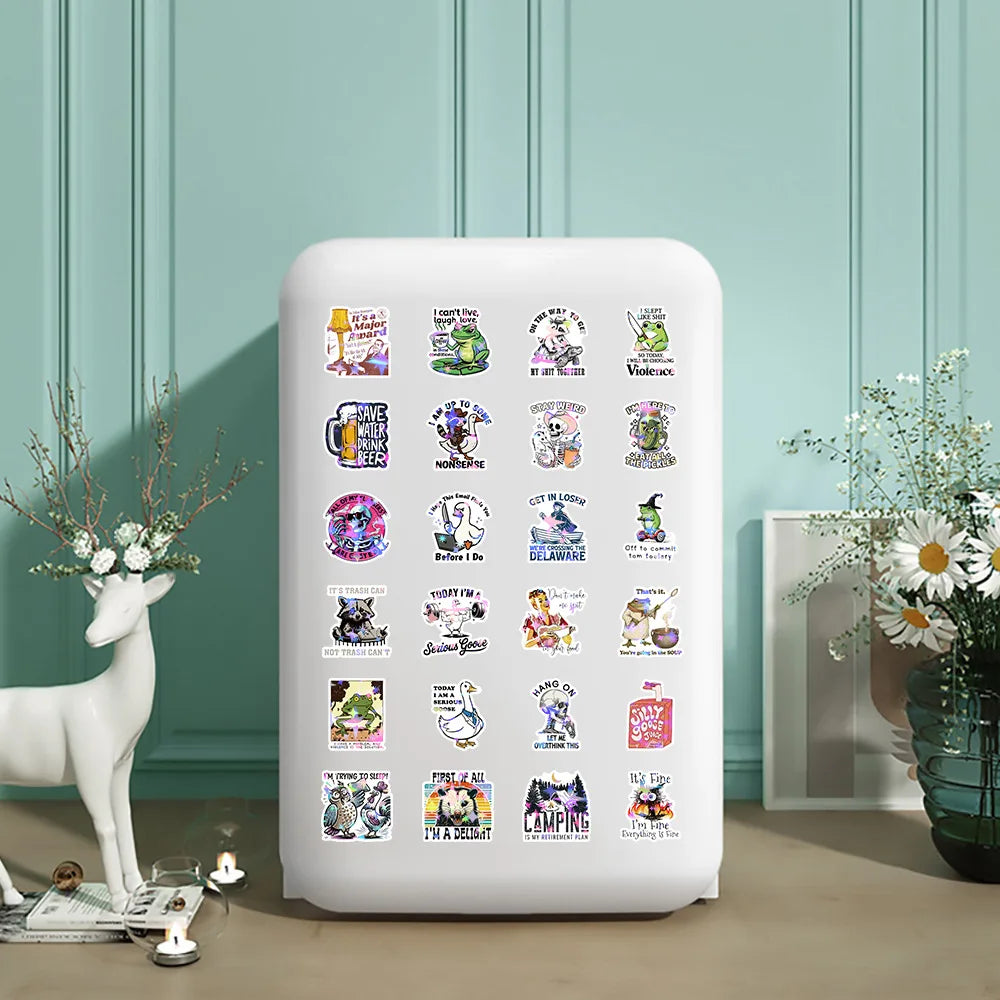 50/100 Pcs HD Holographic Fun Text & Animal Stickers Fade Resistant Removable No Trace for Stationery Box Phone Laptop Bicycle