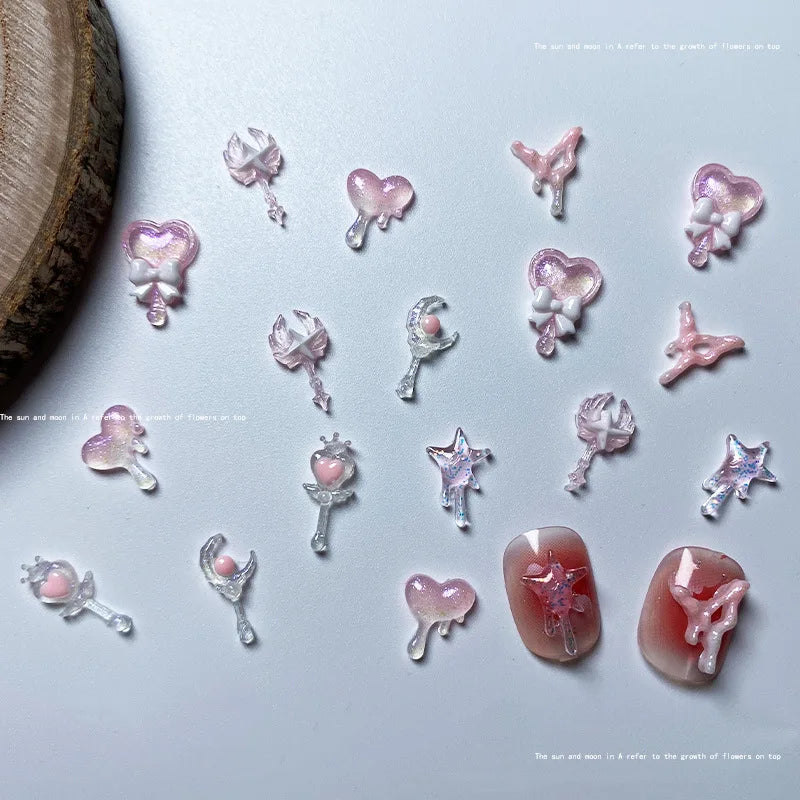 20pcs Cute Magic Wand Nail Art Accessories 3D Resin Nail Charms Pink Luminous Heart-shaped Bow Scepter Nail Art Decoration Parts