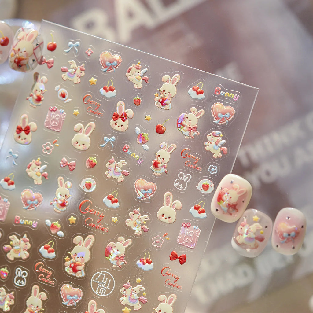 strawberry Cherry Bunny Nail Stickers Shell Light Dreaming Unicorn Nails Art Accessories Stickers Self Adhesive Nail Decals DIY