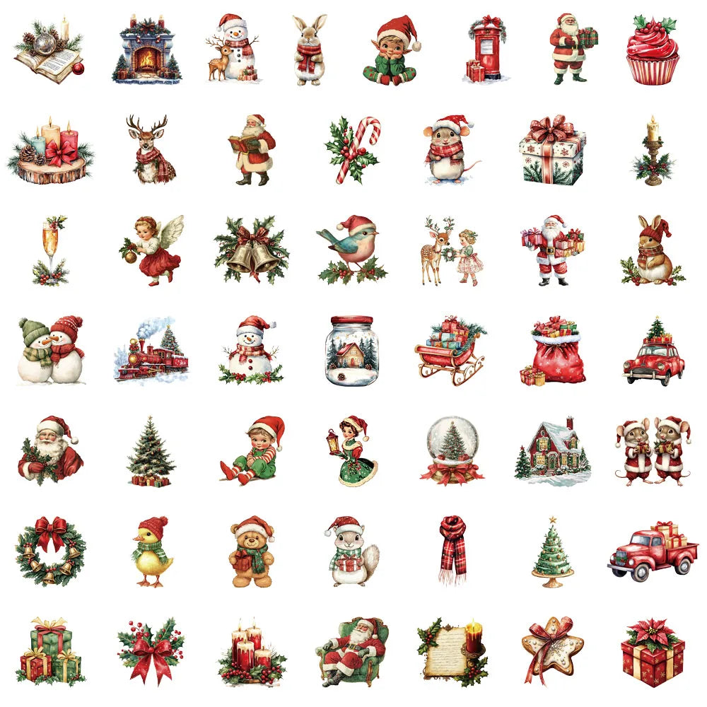 50PCS Retro Christmas Fun Stickers Set Waterproof Transparent PET Booklet Decorative Laptop Tablet Waterproof Stickers