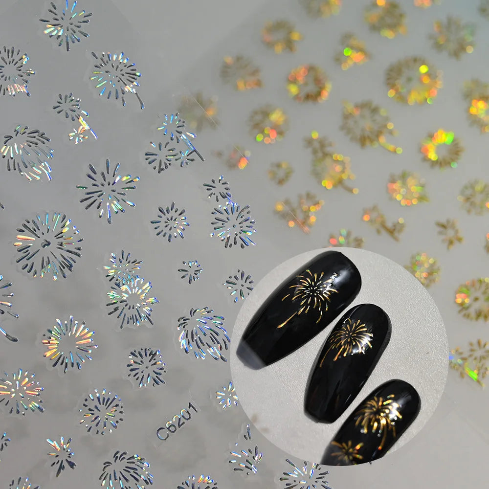 Laser Firework Nail Stickers 3D Self-Adhesive Blooming Fireworks Nail Art Decals New Year Firework Nail Decorations Slider 1pcs