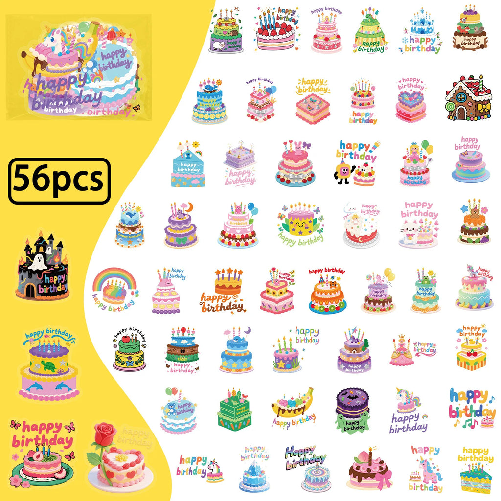 56PCS Cartoon Birthday Cake Transparent PET Stickers Children's Birthday Gifts Waterproof Decoration Stationery Notebook Sticker
