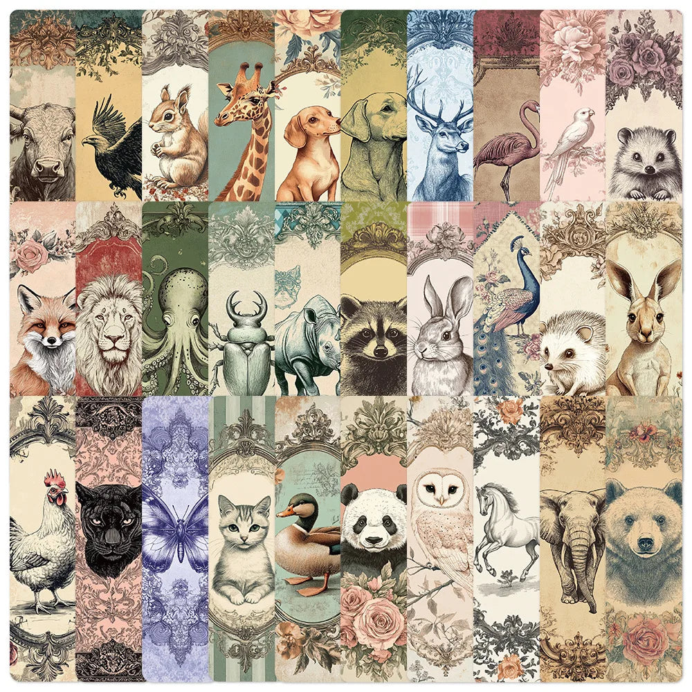 30Pcs Classic Antique Bookmark Animal Bookmarks for Students Reading Annotation Cards Textbook Bookmarks