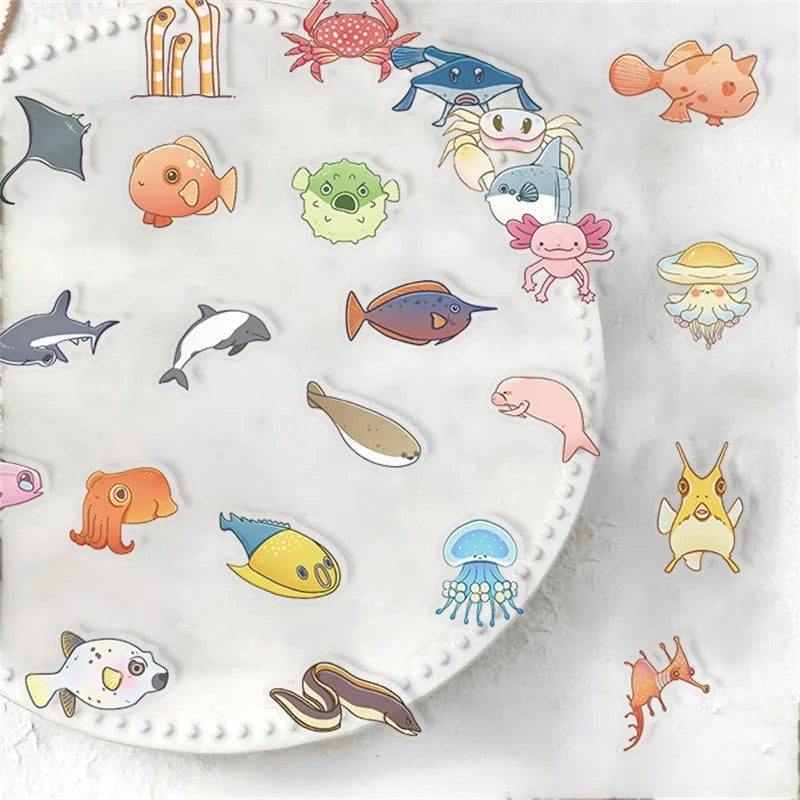 50PCS Cartoon Fish Colored PET Sticky Sticker Aesthetic Tear Open Children's Decoration Scrapbooking School Stationery Supplies