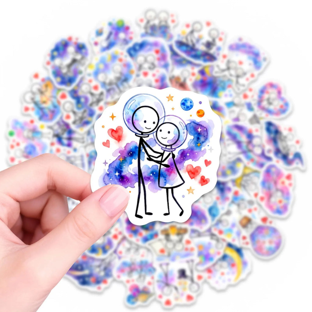 50/100 Pcs Galaxy Watercolor Stick Figure Couple Stickers Dreamy Minimalist Waterproof for Atmosphere Phone Laptop Diary Decals