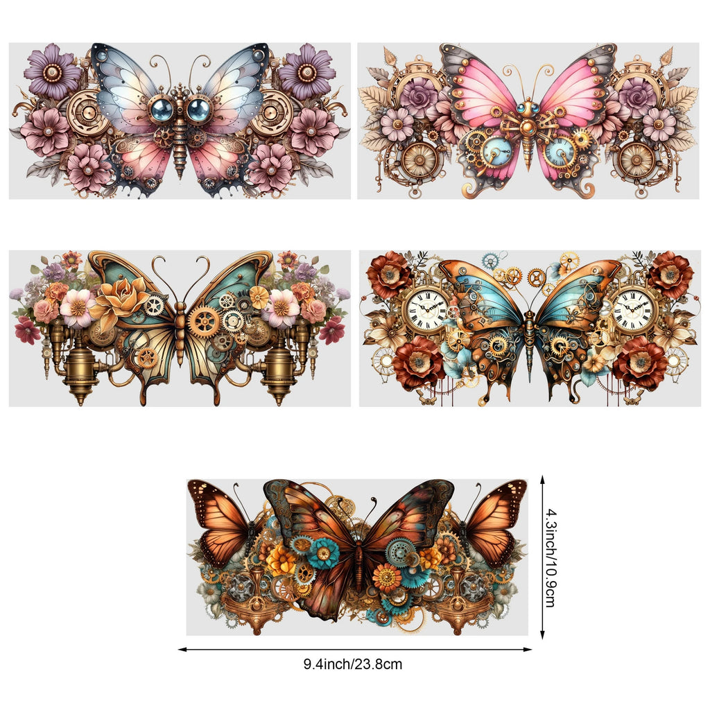 5 sheets Steampunk UV DTF Cup Stickers, DTF Friction Transfer Stickers, Waterproof Cartoon Transfer Stickers for 16oz Glass Cups