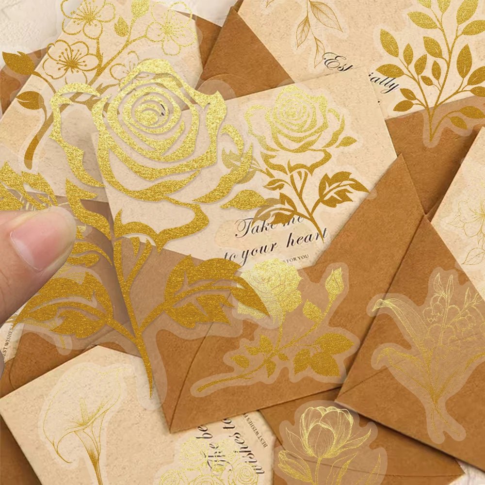 50PCS Golden Plant Series Decorative Fun PET Stickers Decorative Materials DIY Waterproof Tablet Computer Toy Stickers