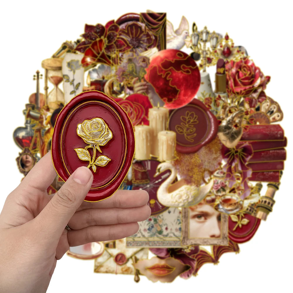 50PCS Retro European Court Style Red Gold Decorative Stickers Computer Scrapbook Refrigerator Phone Case Decorative Stickers