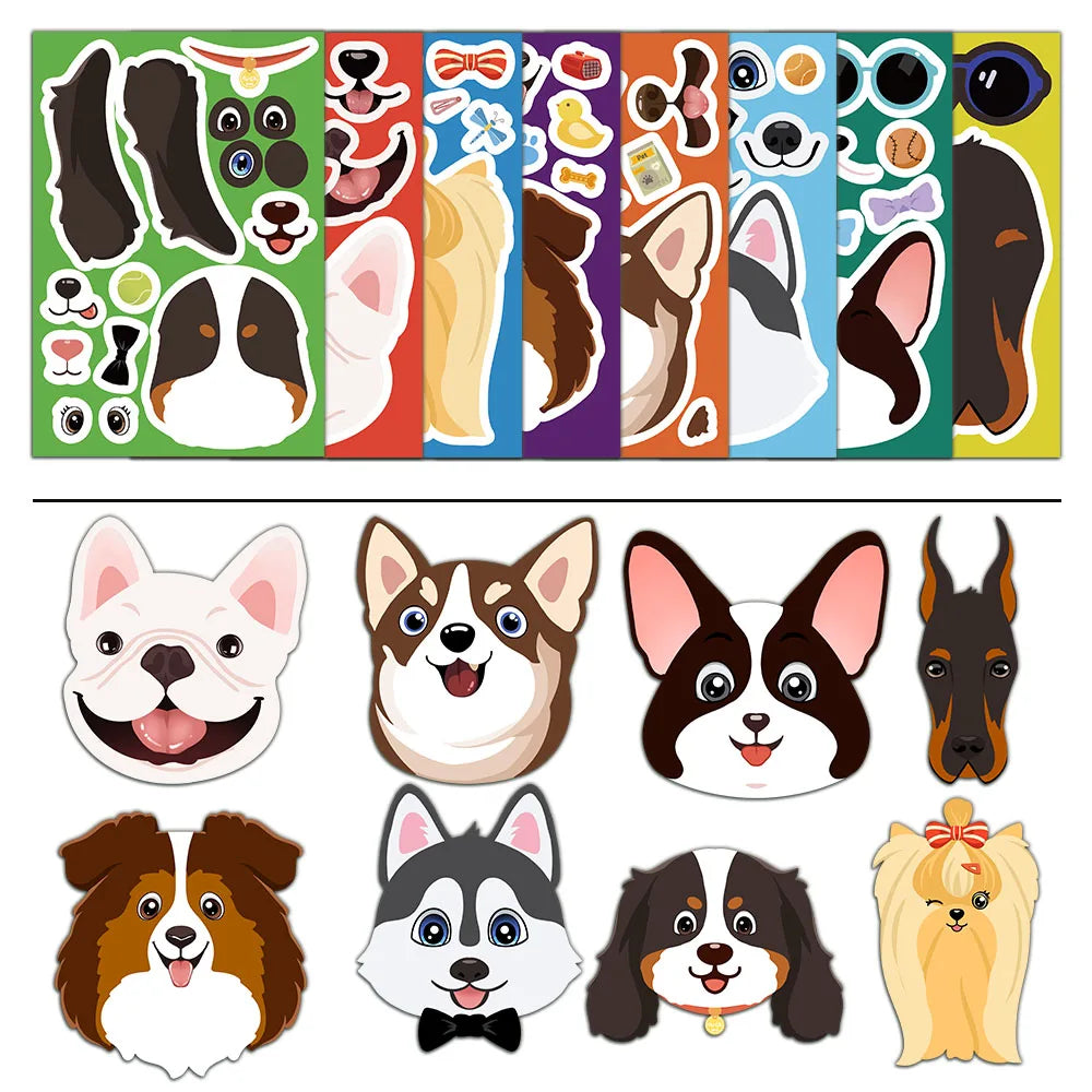 8PCS Dog Cartoon Face Changing Fun Puzzle Stickers DIY Handmade Clip Box Suitable for Tablet Speakers Puzzle Toy Stickers