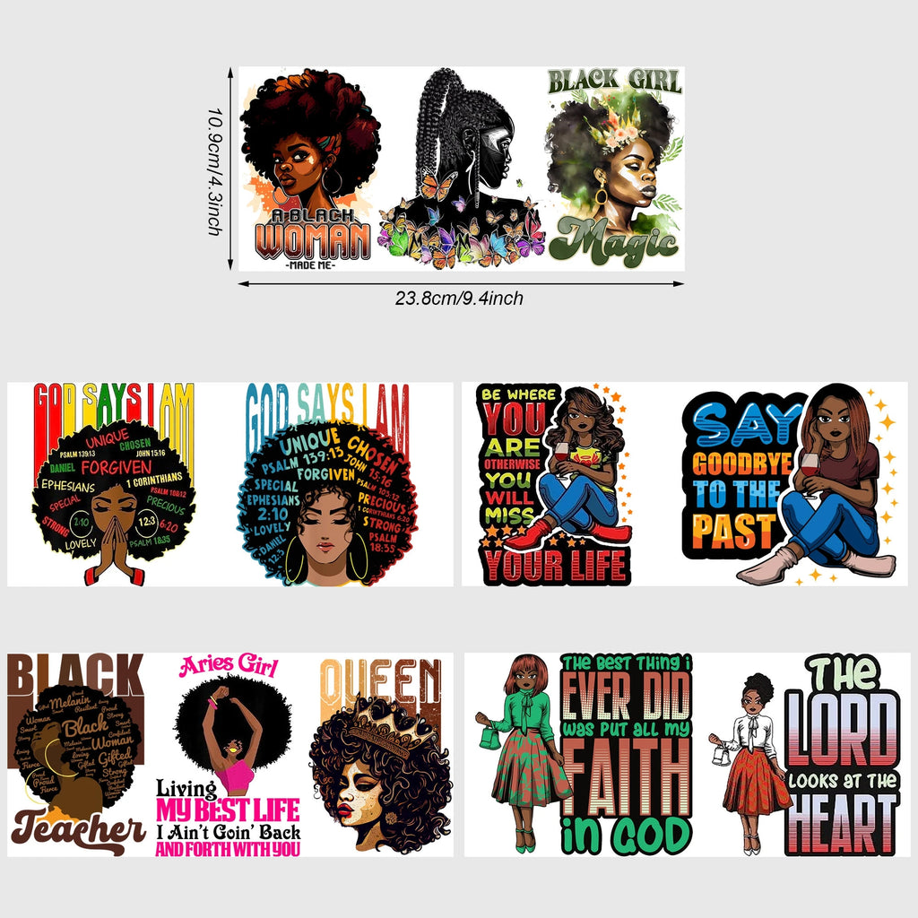 5 Sheets Queen UV DTF Cup Stickers, DTF Friction Transfer Stickers, Waterproof Black Girl Transfer Stickers