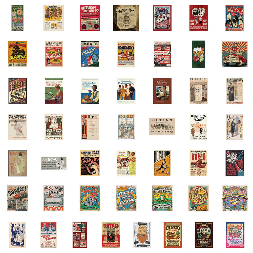 50/100Pcs American Vintage Poster Doodle Creative Stickers for Phone Laptop Helmet Fridge Drawer Storage Box Waterproof Decals