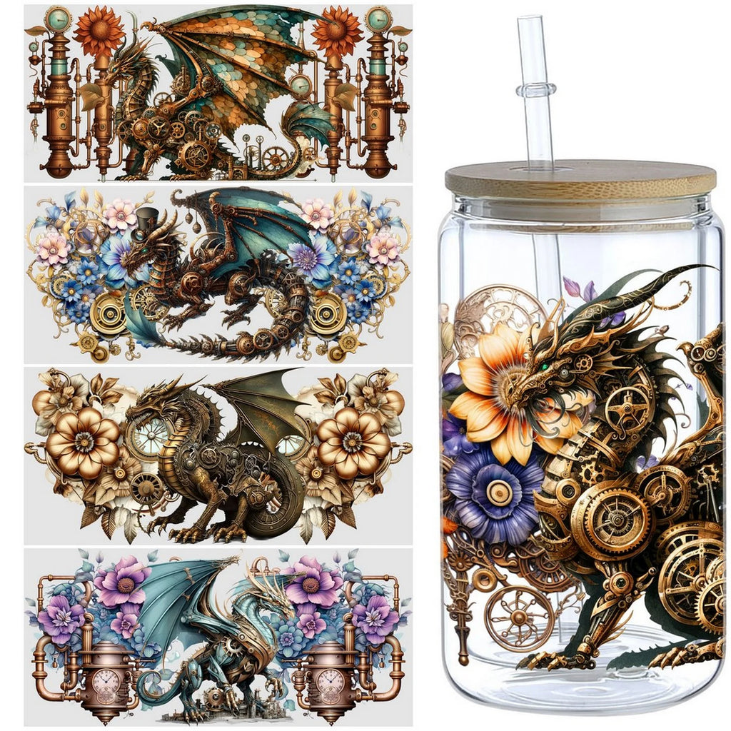 5 sheets Steampunk UV DTF cup stickers, DTF friction transfer stickers, 16oz glass cup waterproof cartoon transfer stickers