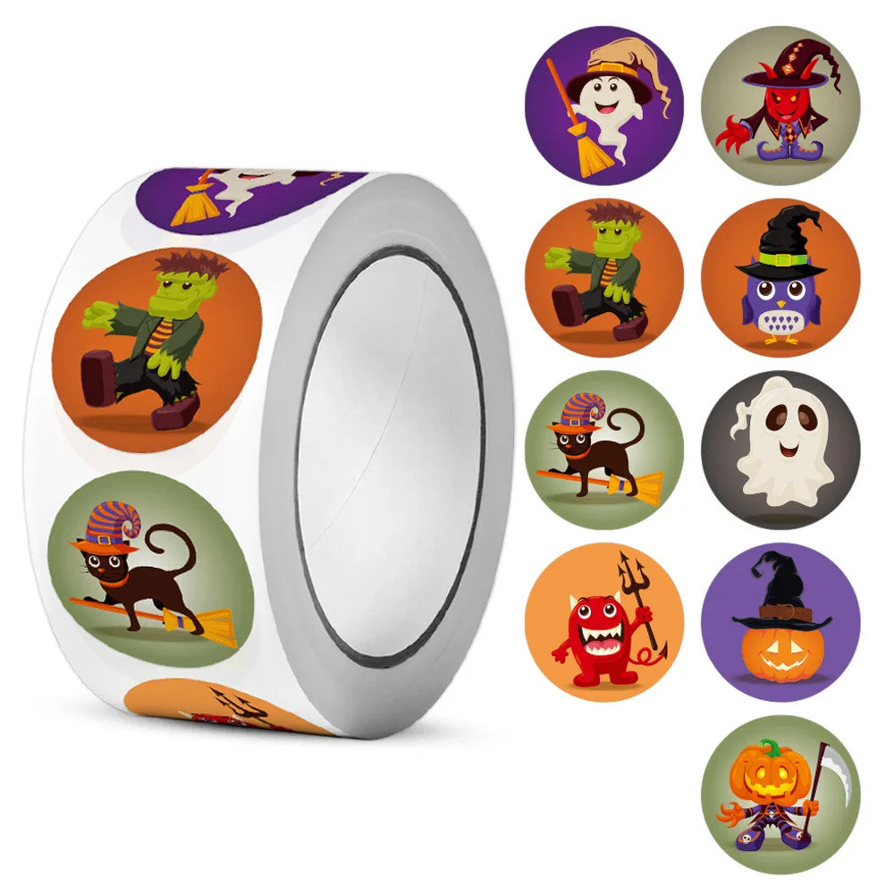 500Pcs Round Cartoon Halloween Day/All Saints'Day Stickers 2.5cm/1'' Roll DlY Craft Decoration Scrapbook Label Gift Sealing