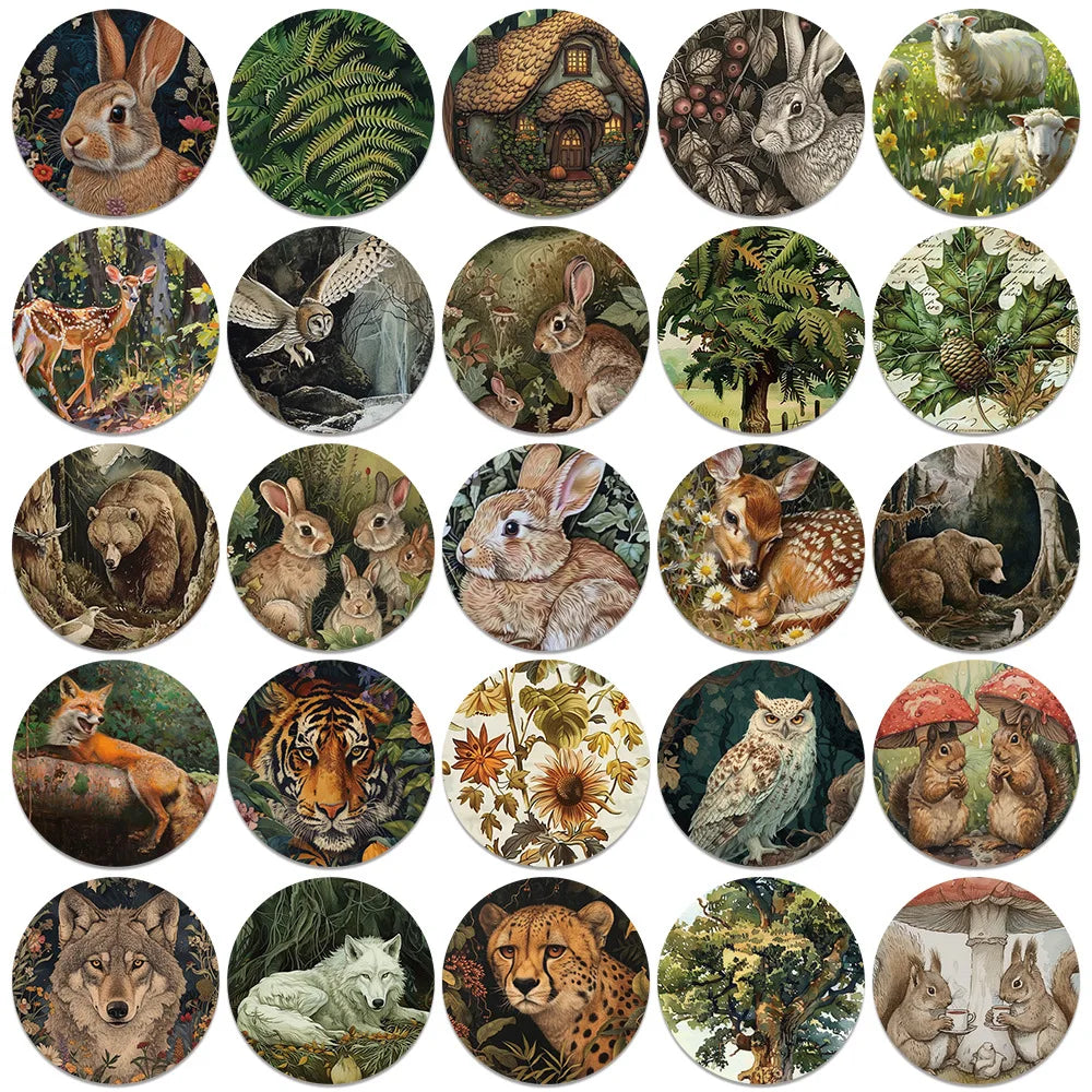 50pcs Retro Cartoon Aesthetic Forest Plants Animals Stickers Graffiti For Laptop Water Bottle Luggage Notebook Decals