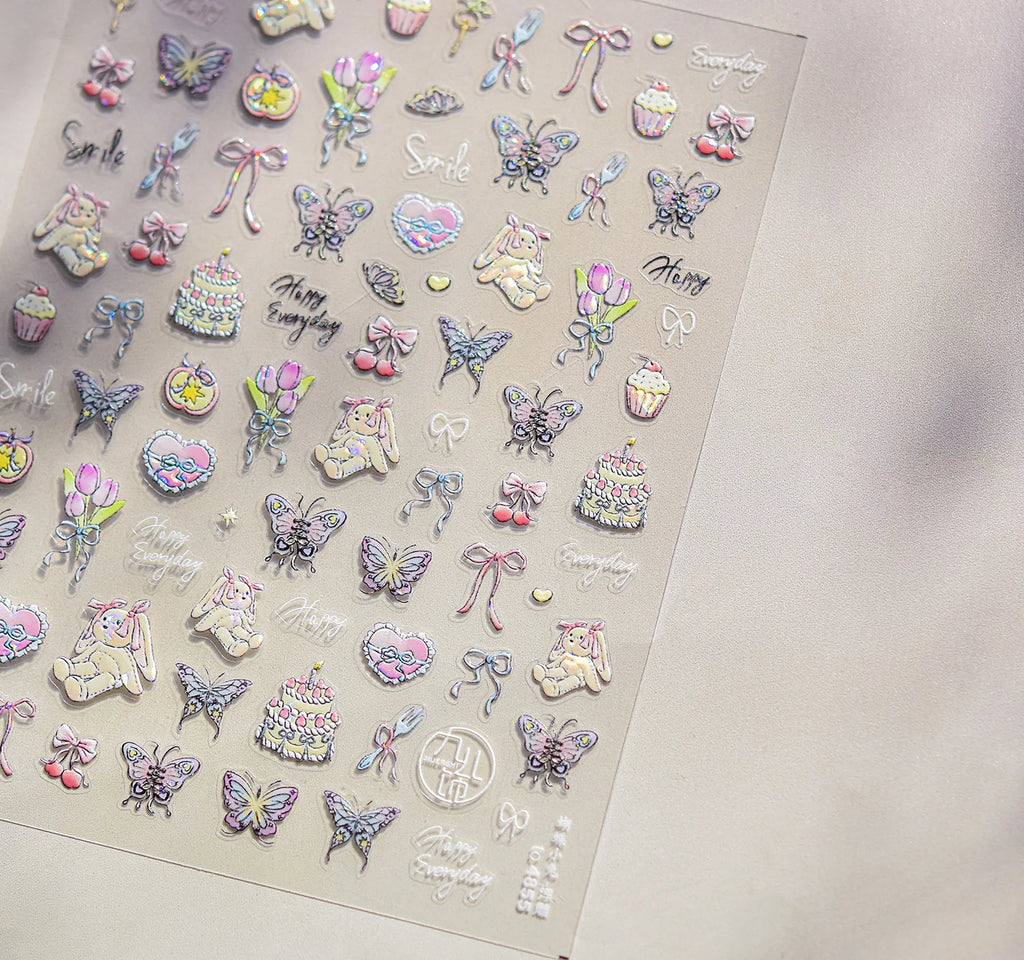 Cute Graffiti Lines Nail Art Stickers 5D Embossed Butterfly Rabbit Nail Art Accessory Stickers DIY Japanese Self Adhesive Decals