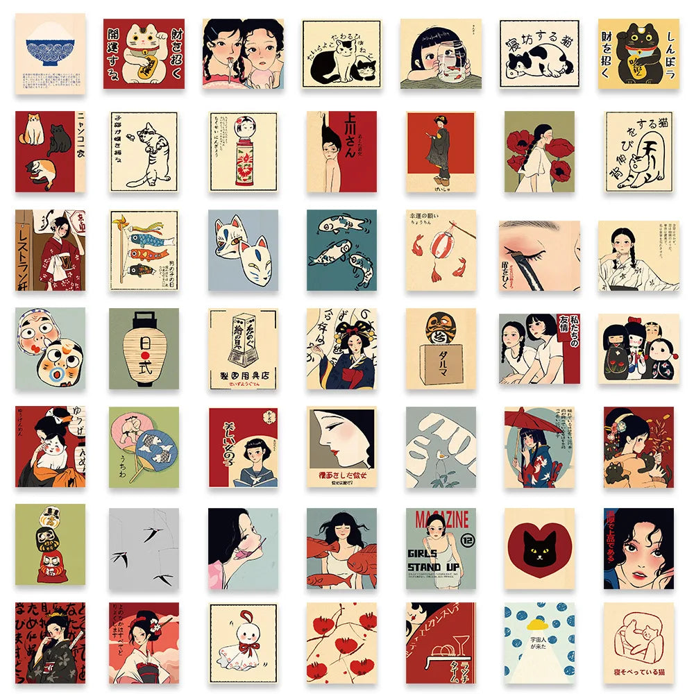 50PCS Retro Cartoon Japanese Culture Aesthetics Stickers DIY Manual Scrap Book Laptop Luggage Waterproof Graffiti Stickers