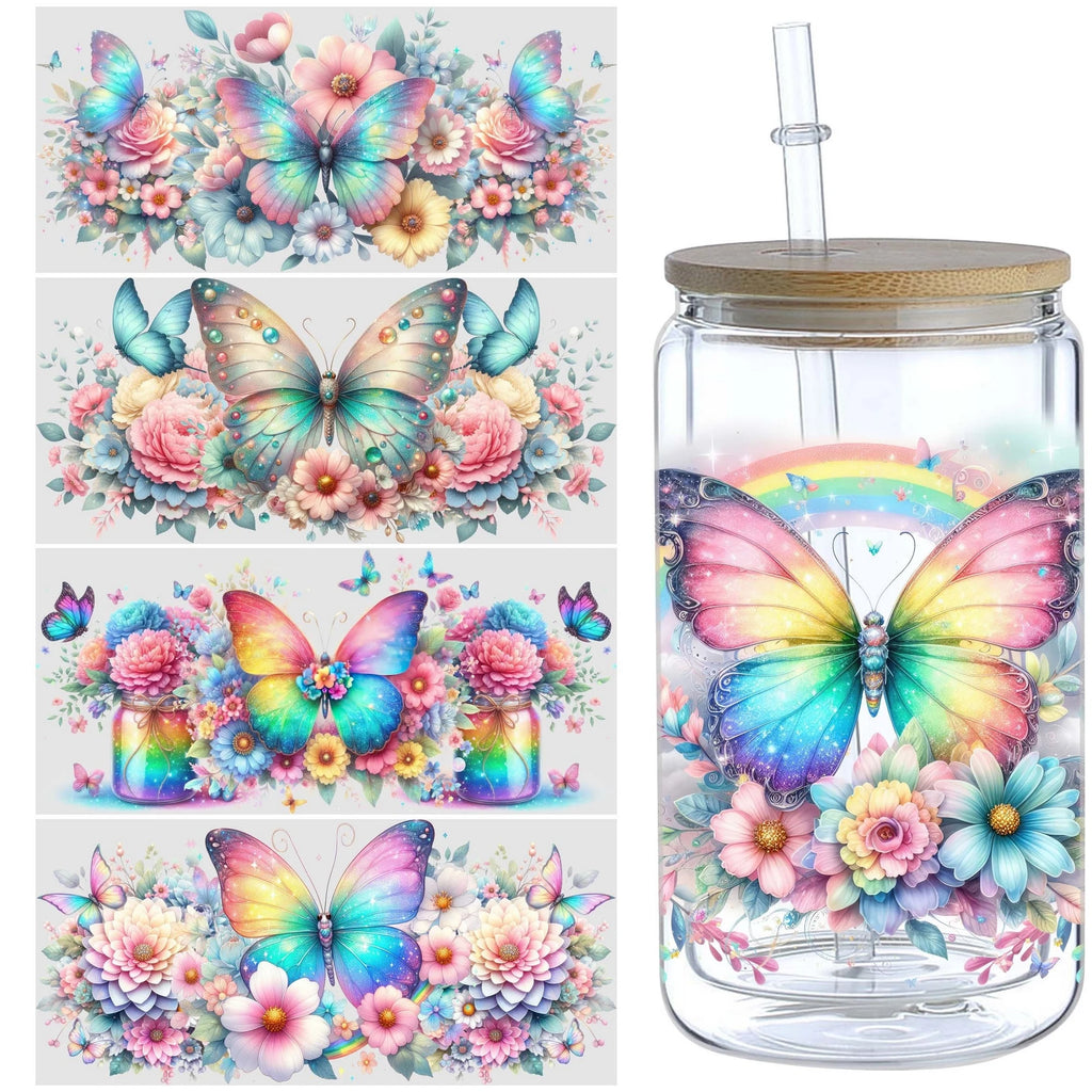 5 sheets Butterfly UV DTF Cup Stickers, DTF Friction Transfer Stickers, Waterproof Animal Transfer Stickers for 16oz Glass