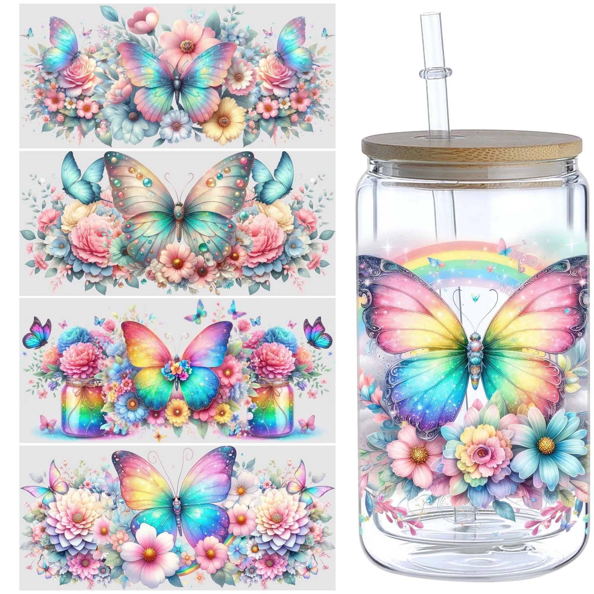 5 sheets Butterfly UV DTF Cup Stickers, DTF Friction Transfer Stickers, Waterproof Animal Transfer Stickers for 16oz Glass