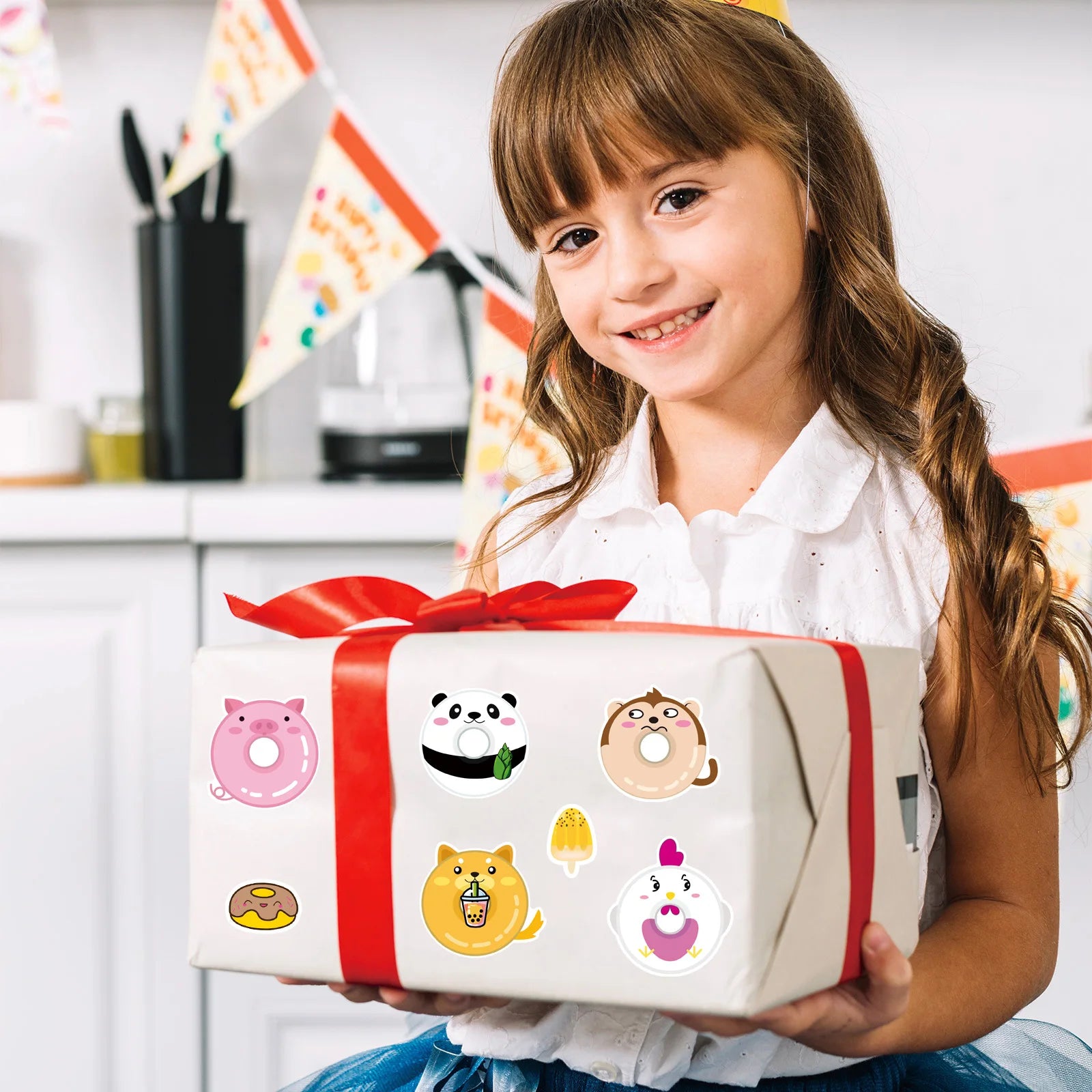 8/16/24Pcs Cartoon Animal Donut Make A Face Puzzle Stickers Stationery Decals Notebook Phone Laptop Fridge Luggage Sticker