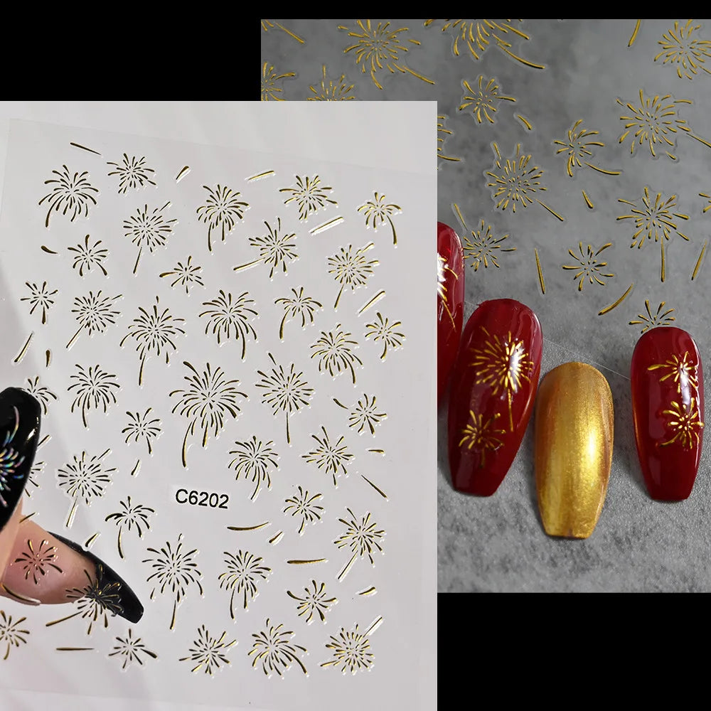 Laser Firework Nail Stickers 3D Self-Adhesive Blooming Fireworks Nail Art Decals New Year Firework Nail Decorations Slider 1pcs