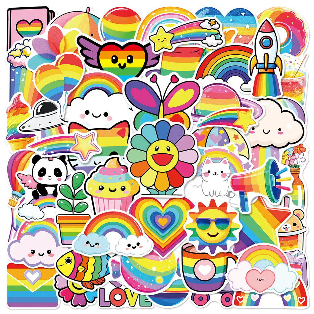 50PCS Cartoon Cute Rainbow Stickers Phone Tablet Waterproof Helmet Car Decoration Children Stationary Stickers