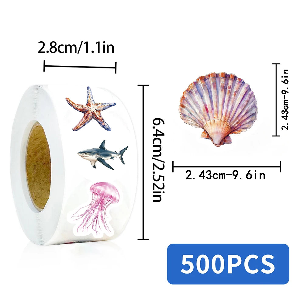 500PCS Marine Organism Roll Stickers Art Picture Laptop Scrapbooking Cartoon Stationery PVC Decorative Guitar Dormitory