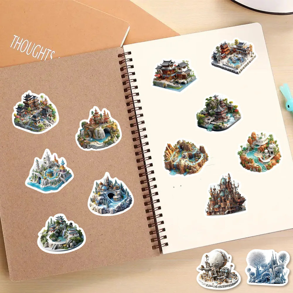 50PCS Creative 3D Small World Micro Landscape Stickers for Mobile, Computer, Tablet, Waterproof Stationery System Stickers