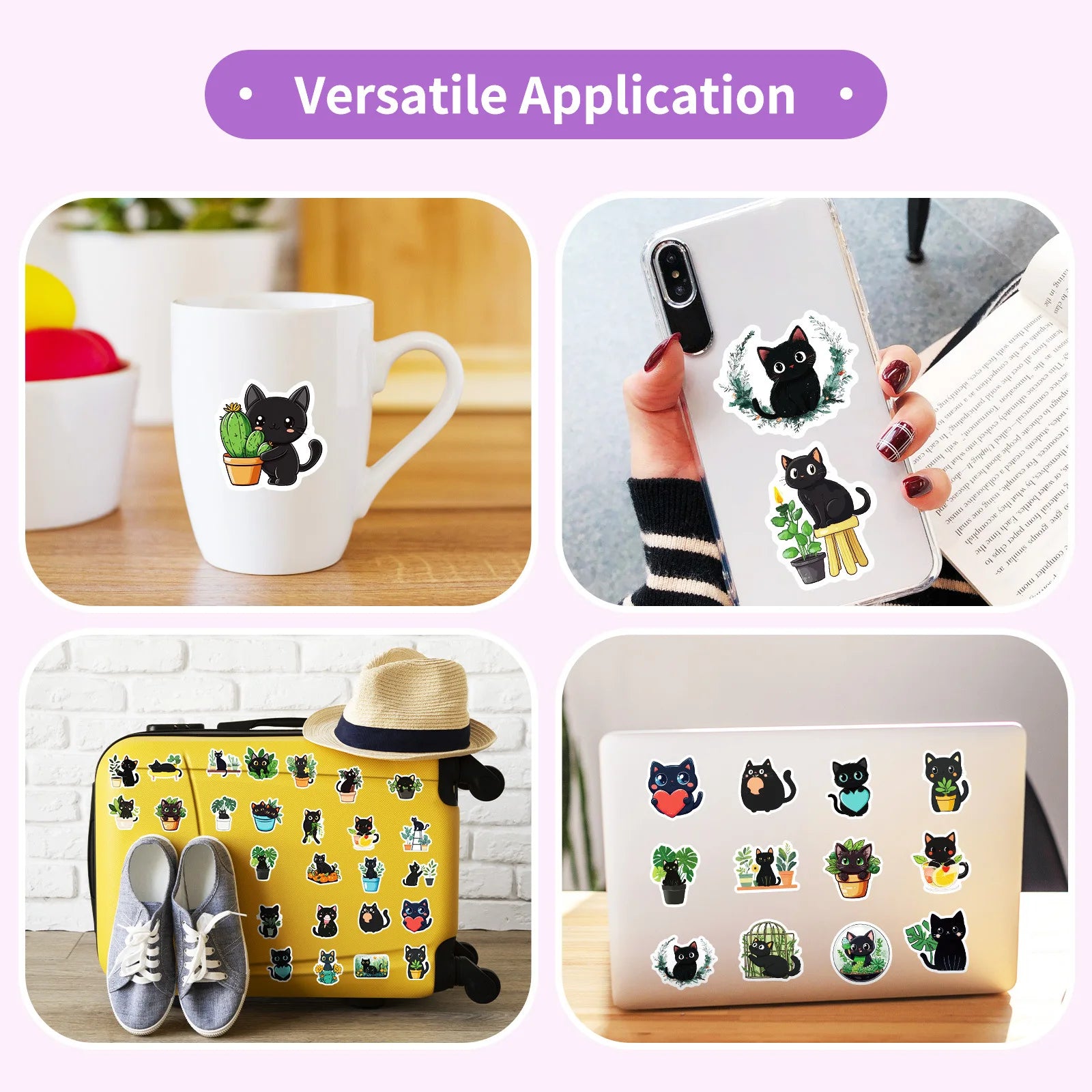 50Pcs hand drawn plant black cat graffiti decoration stickers cartoon water cup guitar computer skateboard stickers