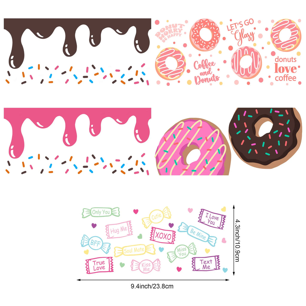 5 Sheets Donut UV DTF Cup Stickers, Glass Movement DTF Transfer Stickers Waterproof Wipe-On Transfer Paper for 16oz Glass, Mug,