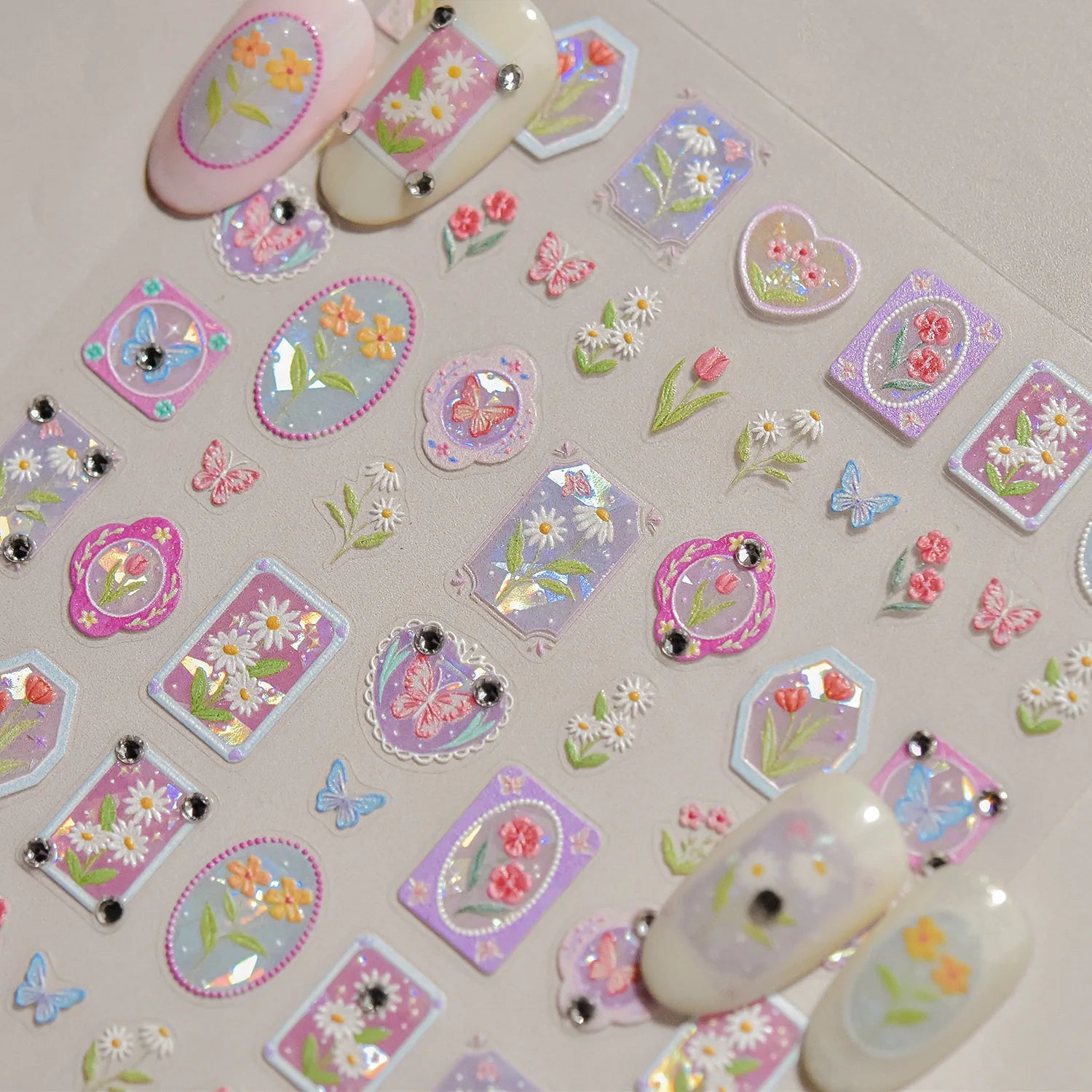 Colorful Daisy Frame Nail Decoration Stickers 5D Crystal Diamond Nail Art Stickers DIY Self Adhesive Bow Flowers Manicure Decals