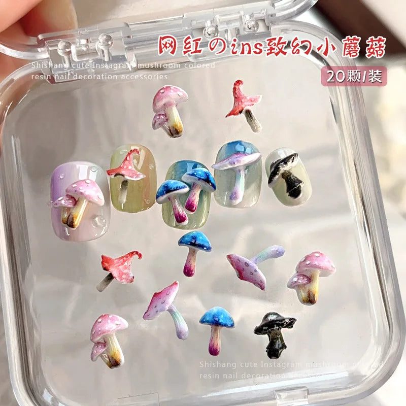 Cute And Magical Mushroom Nail Art Accessories Resin Cartoon Little Mushroom Nail Charms Wearable Nail Rhinestones Decorations