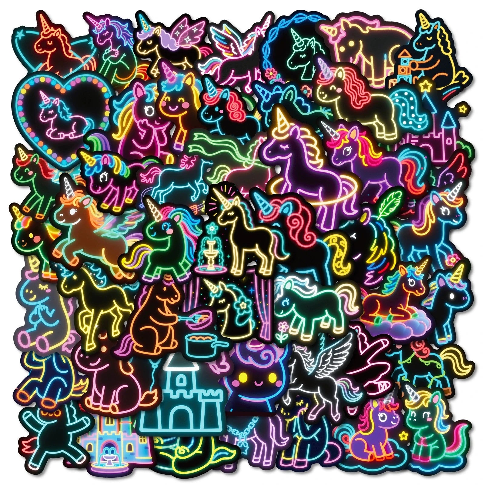 56PCS Neon Unicorn Graffiti Stickers Cartoon Creative Rainbow Horse Cup Decoration Stationery Stickers