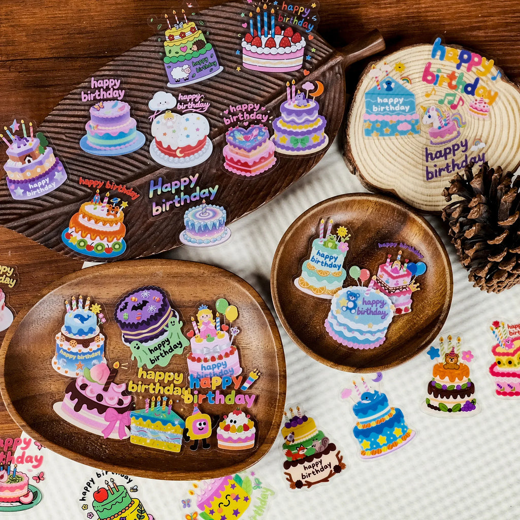 56PCS Cartoon Birthday Cake Transparent PET Stickers Children's Birthday Gifts Waterproof Decoration Stationery Notebook Sticker