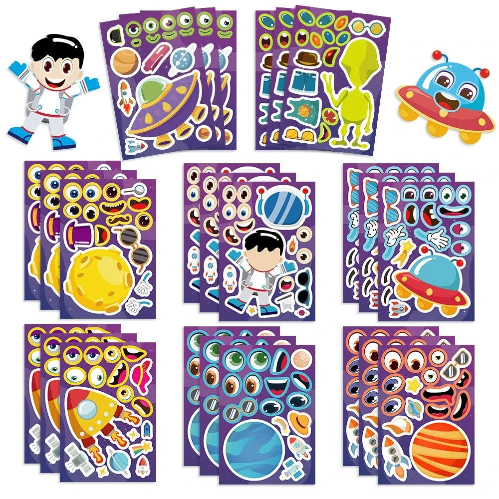 8PCS DIY Mobile Phone Decoration Kids Stationery Sticker Cartoon Planet Space Astronaut Face Changer Sticker