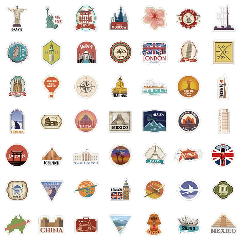100Pcs World Famous Travel Landmark Doodle Stickers, Stationery Notebook Phone Guitar Fridge Luggage Waterproof Decals Stickers